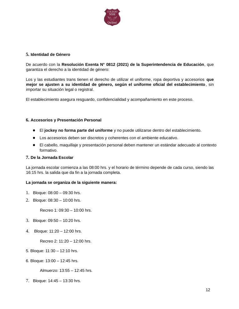 Página 12 del RICE Colegio NSM