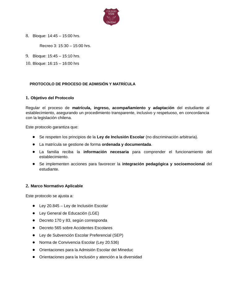 Página 13 del RICE Colegio NSM
