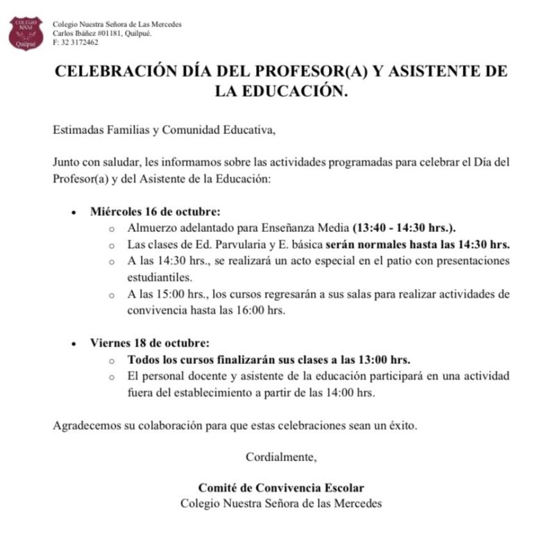 Comunicado dia del Profesor