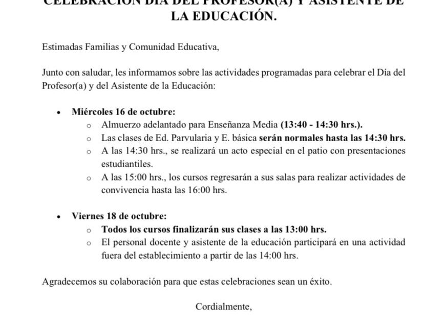 Comunicado dia del Profesor