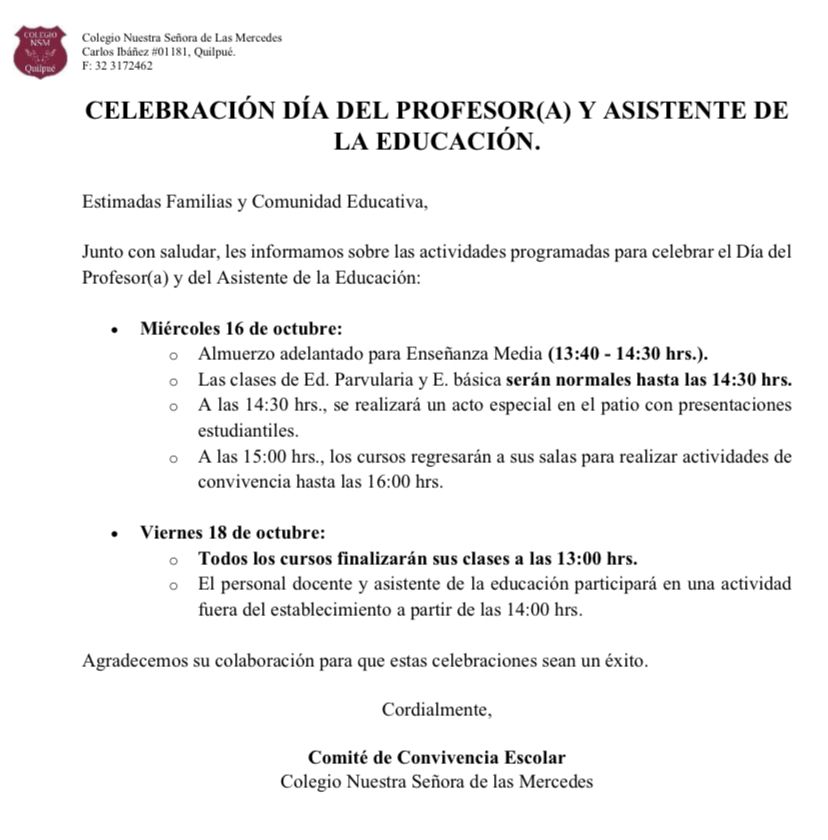 Comunicado N9 | Celebracion Dia del Profesor(a) y Asistente De la Educación